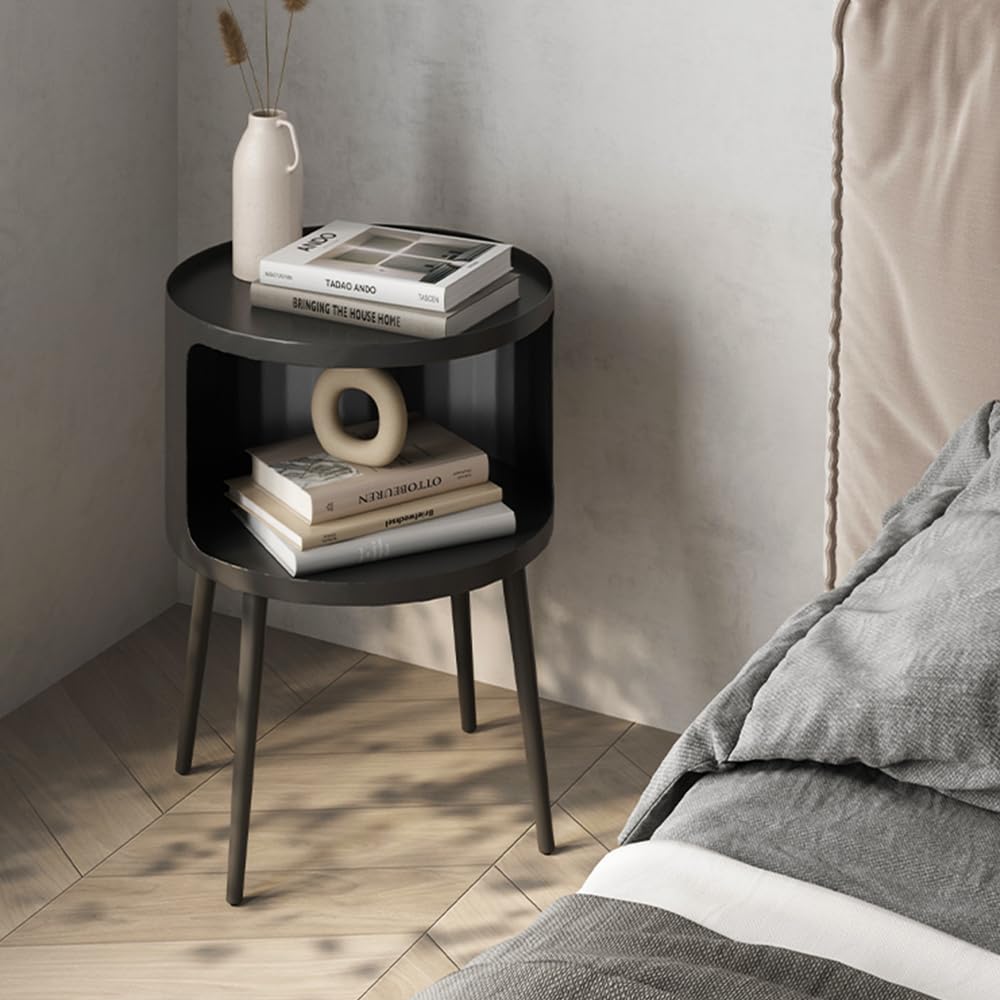 Modern Side Table, Small Round end Table with Open Storage for Small Spaces