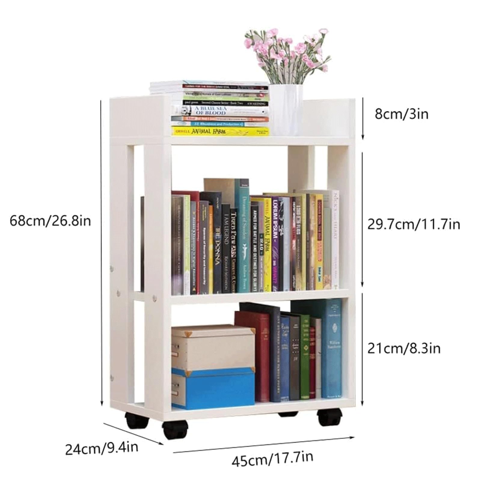 Flexible Bookcases 2 Tiers Bookshelf with Wheels Rolling Bookcase Simple Large Capacity Bookshelves Living Room Bedroom Family Book Rack Perfect Furniture