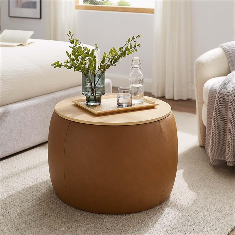 26 Inch Round Storage Ottoman with Tray Lid in Tan - Vegan Leather Ottoman - Versatile