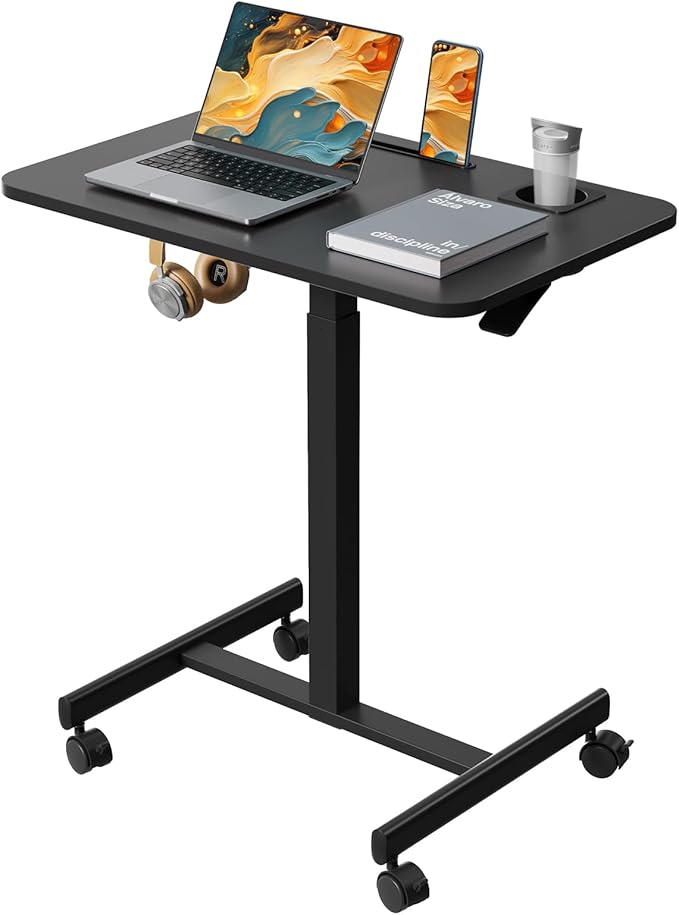 Mobile Standing Desk, Rolling Laptop Cart Adjustable Height with Cup Holder