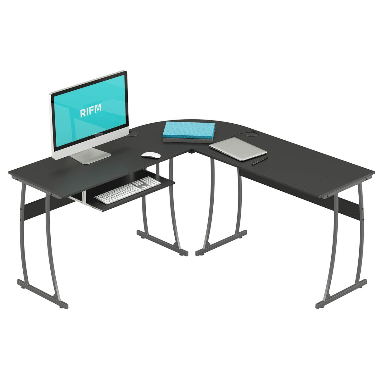 L Shaped Modern Computer Home Office Gaming Desk with Keyboard Tray and Cable Management, Easy Assembly, Black