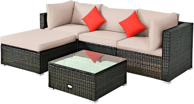 5-Piece Outdoor Patio Conversation Set with Cushions - Rattan Wicker Sectional Sofa & Coffee Table