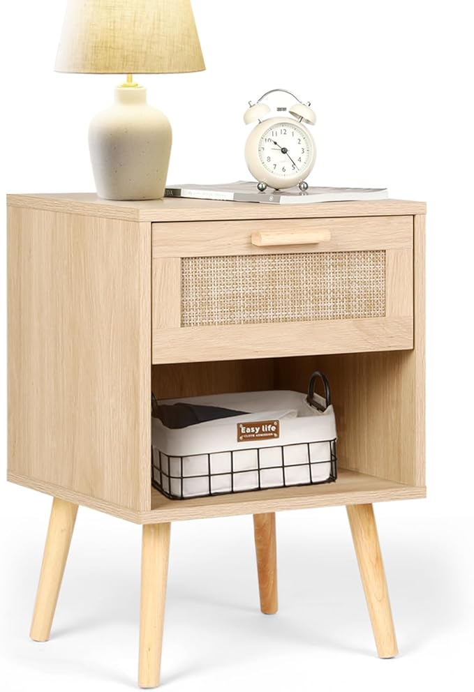Rattan Nightstand, Night Stands with Hand Made Rattan Decorated Drawer, End Table