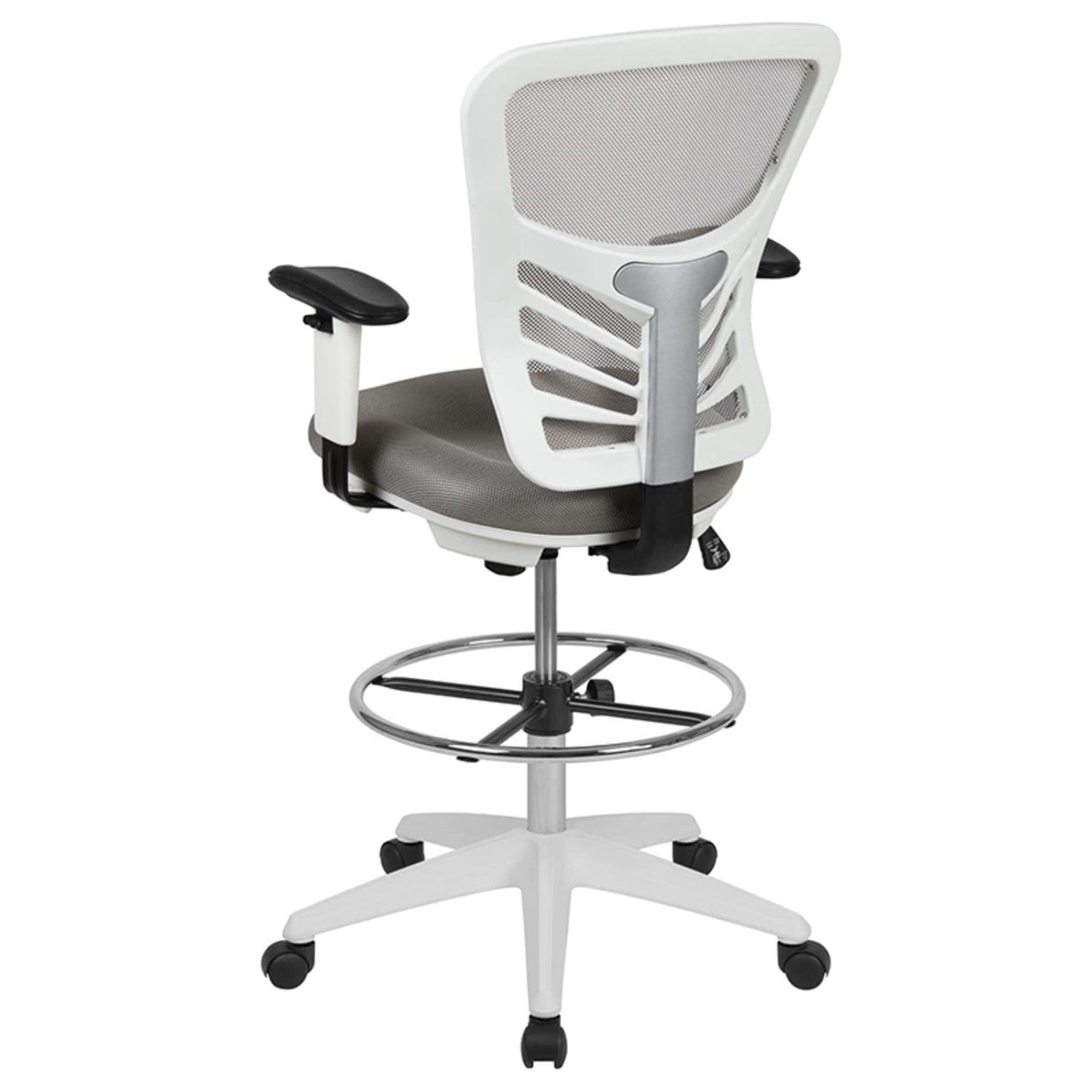 Mid-Back Light Gray Mesh Ergonomic Drafting Chair with Adjustable Chrome Foot Ring, Adjustable Arms and White Frame