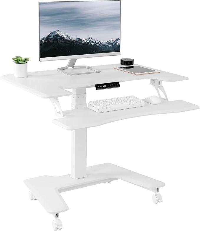 Black Electric Mobile Height Adjustable 36 inch Dual Platform Standing Desk with Wheels, Rolling Small Space Table, Sit Stand Workstation, DESK-V111VT