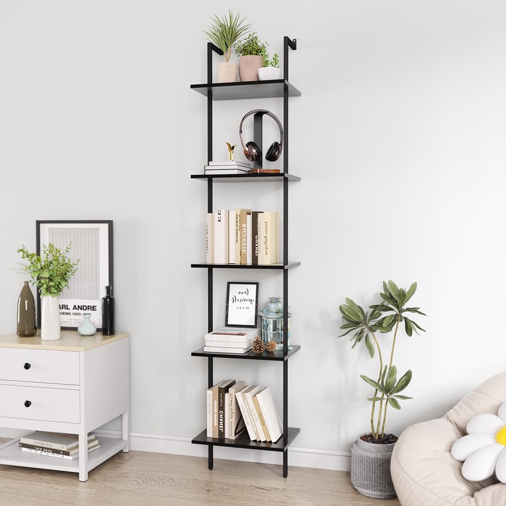 5 Tier Ladder Shelf, 70-Inch Wall Mounted Ladder Bookshelf