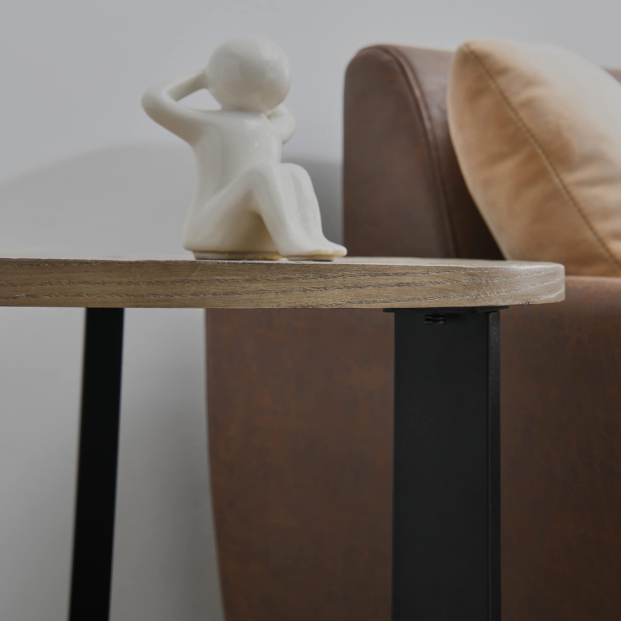 Round End Table with Storage, Solid Wood Sofa Side Table with Metal Frame