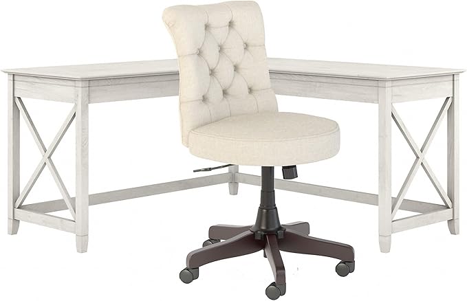 Key West 60W L Shaped Desk with Mid Back Tufted Office Chair in Washed Gray
