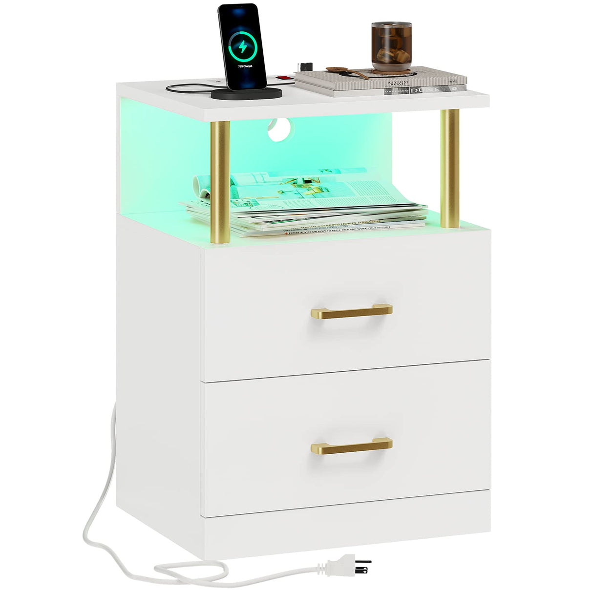 Night Stand with Charging Station and USB Ports, White Night Stand with 2 Drawers