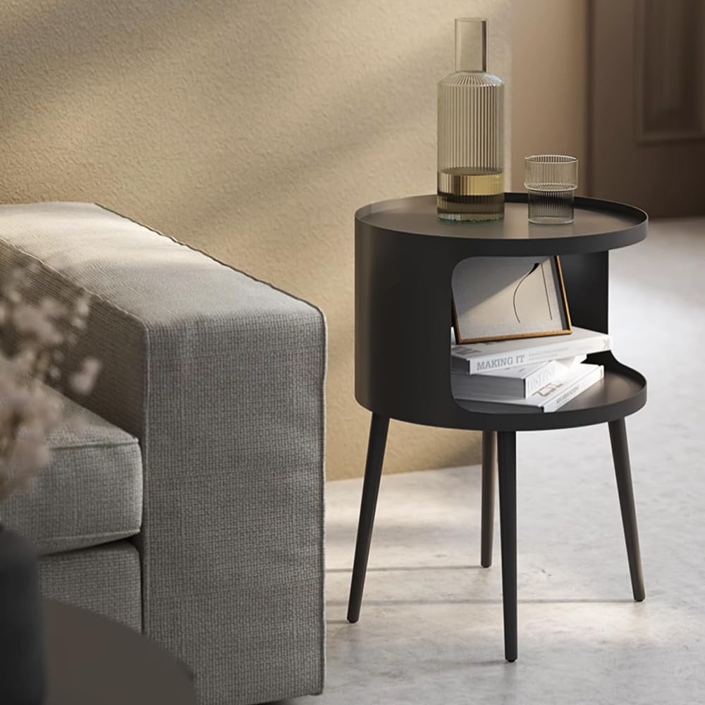 Modern Side Table, Small Round end Table with Open Storage for Small Spaces