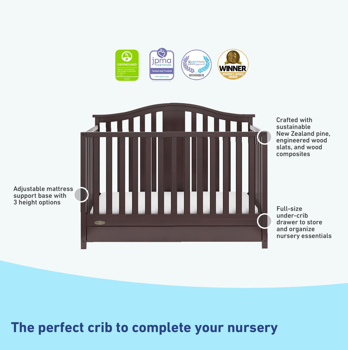 4-in-1 Convertible Crib with Drawer (Espresso) – GREENGUARD Gold Certified, Crib with Drawer Combo, Includes Full-Size Nursery Storage Drawer, Converts to Toddler Bed and Full-Size Bed