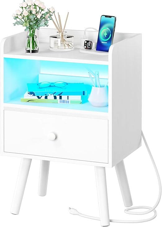 Nightstand with Charging Station, Modern Night Stand