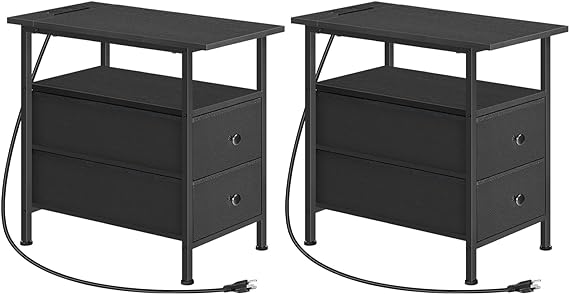 End Table with Charging Station, Set of 2 Narrow Side Tables, Nightstand