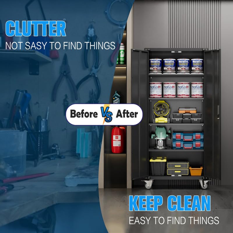 Garage Storage Cabinet with Wheels,72" H Metal Storage Cabinety