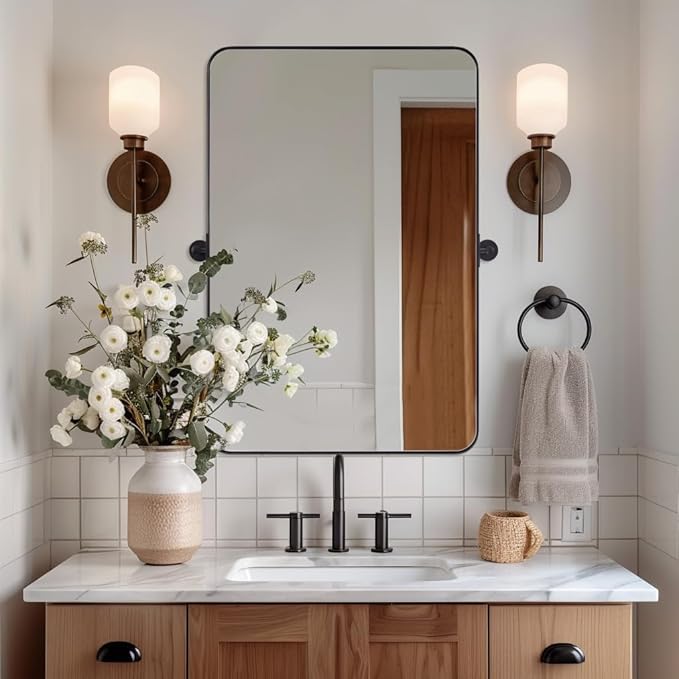 Black Bathroom Mirrors , Metal Framed Rounded Rectangle Wall Vanity Mirror