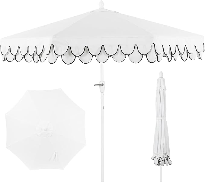 UMB1002A Tracy 9 ft. Classic MidCentury Scalloped Fringe Market Patio Umbrella