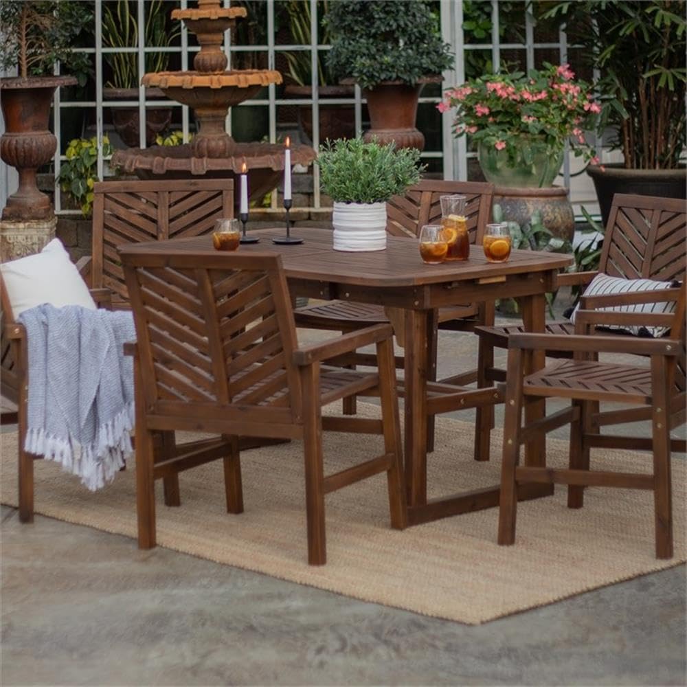 6 Person Outdoor Wood Chevron Patio Furniture Dining Set Extendable Table Chairs All tio