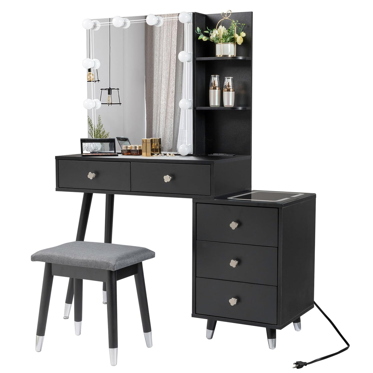 Lighted Vanity Desk with Mirror Cabinet & Charging Station Modern Makeup Vanity Table with 5 Drawers