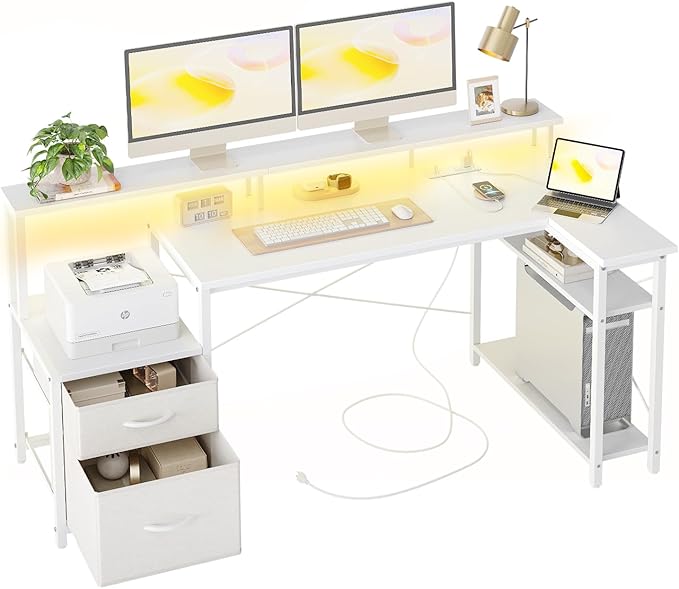 Computer Desk L Shaped with Drawers, 65” Gaming Desk with Power Outlets and LED Strips
