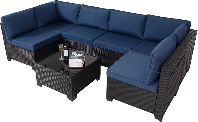 7 Pieces Wicker Patio Furniture Set, Outdoor Sectional Rattan Sofa with Waterproof