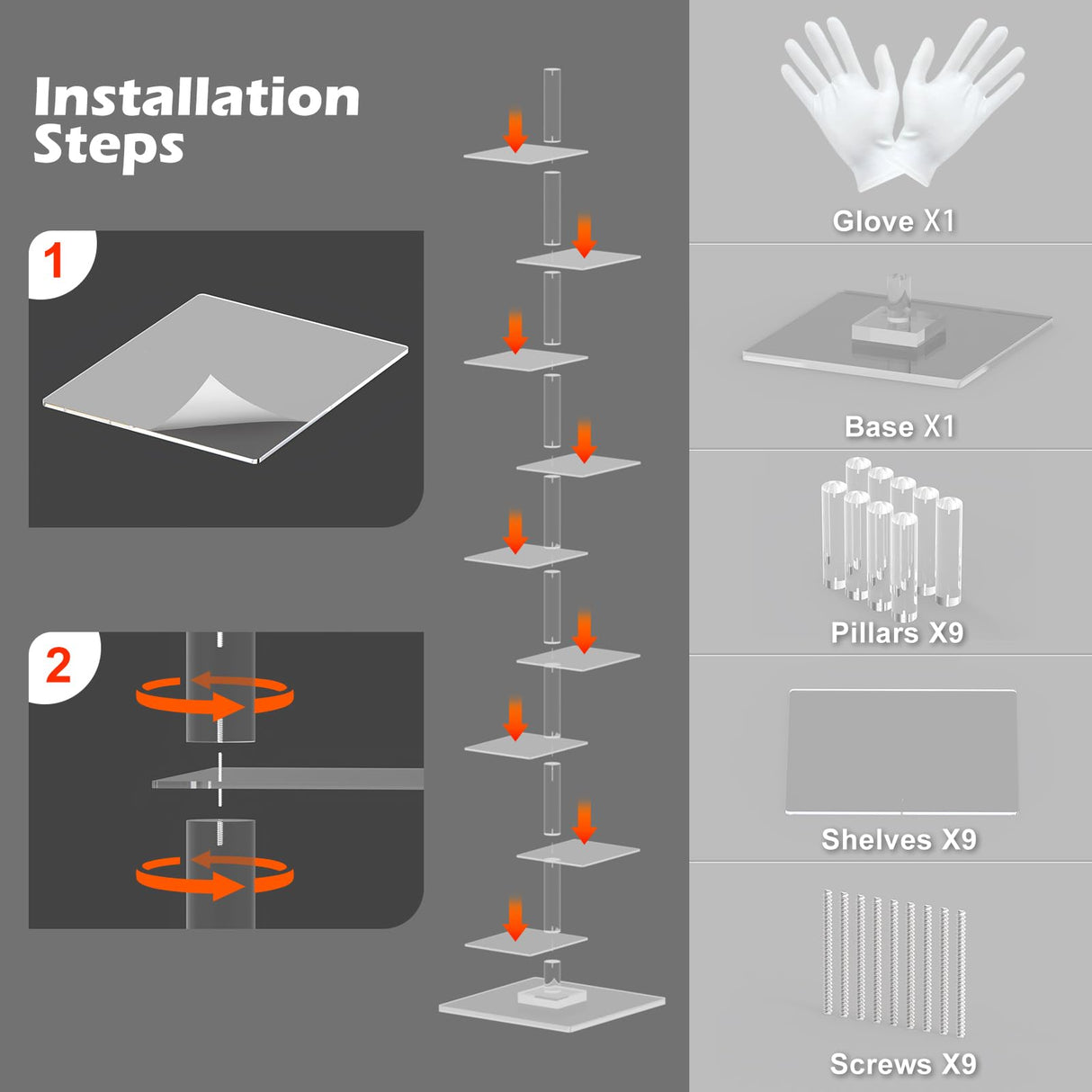 9 Tier Acrylic Bookshelf Invisible Bookshelf, Height Adjustable Vertical Spine Book Tower, Floor Standing Bookcase Display Shelf for Books,Decor, DIY Open Bookcase for Living Room, Office