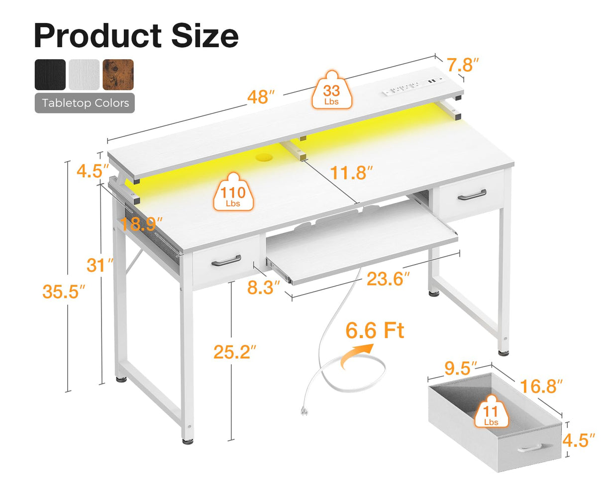 ODK Gaming Desk with Led Lights and Power Outlet, 48 Inch Computer Desk with Drawers and Keyboard Tray, PC Desk with Monitor Stand, Work Desk for Home Office, White