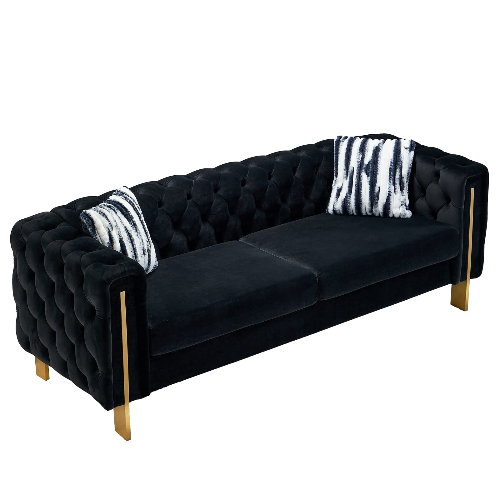 Modern Velvet Sofa – 84” Tufted Couch with Pillows & Metal Legs