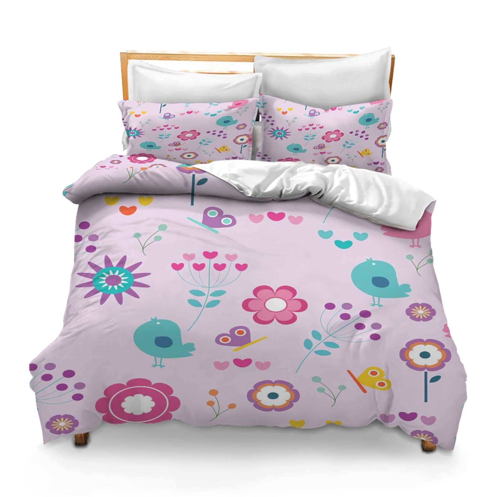 Printed Comforter Cover Set Full Birds Floral Flowers Retro Spring Nature Animal Pink Bloom