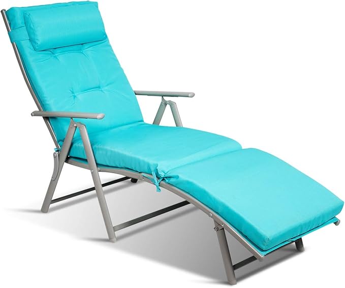 Outdoor Folding Chaise Lounge Chair, Lightweight Recliner Chair w/ 7 Adjustable Backrest Positions