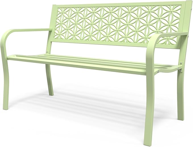 Outdoor Bench Metal with Floral Back, Garden Bench Front Porch Bench for Yard Patio