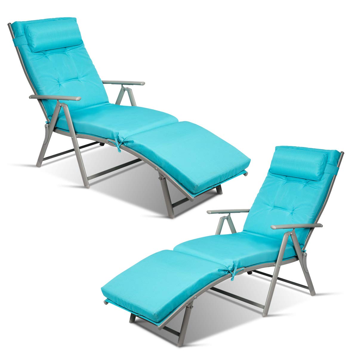 2 PCS Outdoor Folding Chaise Lounge Chair, Lightweight Recliner Chair w/ 7 Adjustable