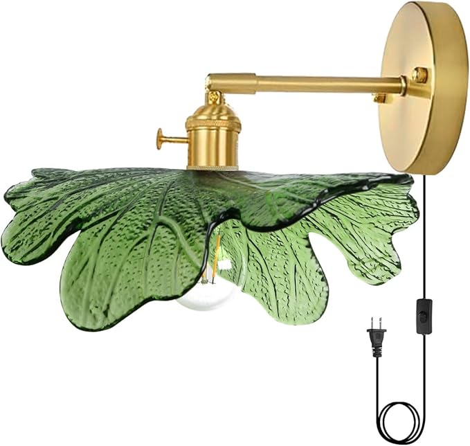 Glass Plug in Wall Light Mid Century Modern Wall Sconce Purple Flower Shade On/Off Switch Gold