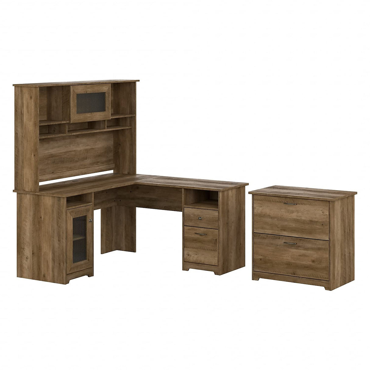 Cabot 60W L Shaped Computer Desk with Hutch and Lateral File Cabinet in Reclaimed
