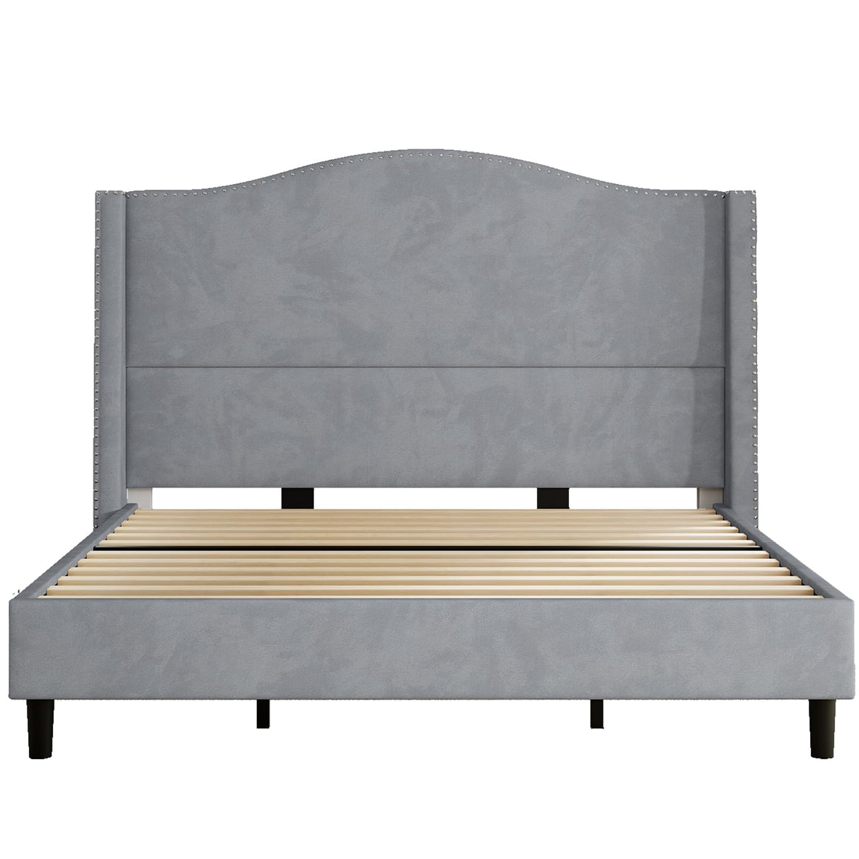 King Platform Bed Frame 53" Tall Headboard Velvet Upholstered Tufted Wingback