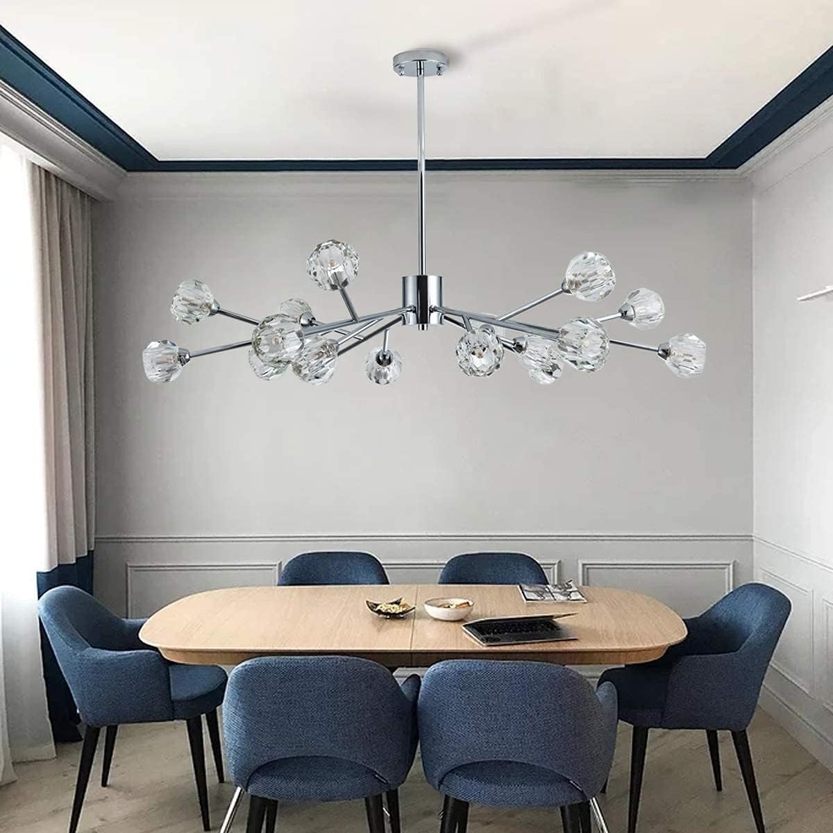 Chandelier Chrome 18-Light Crystal Pendant 43" LED Ceiling Light Pendant, Cut Crystal