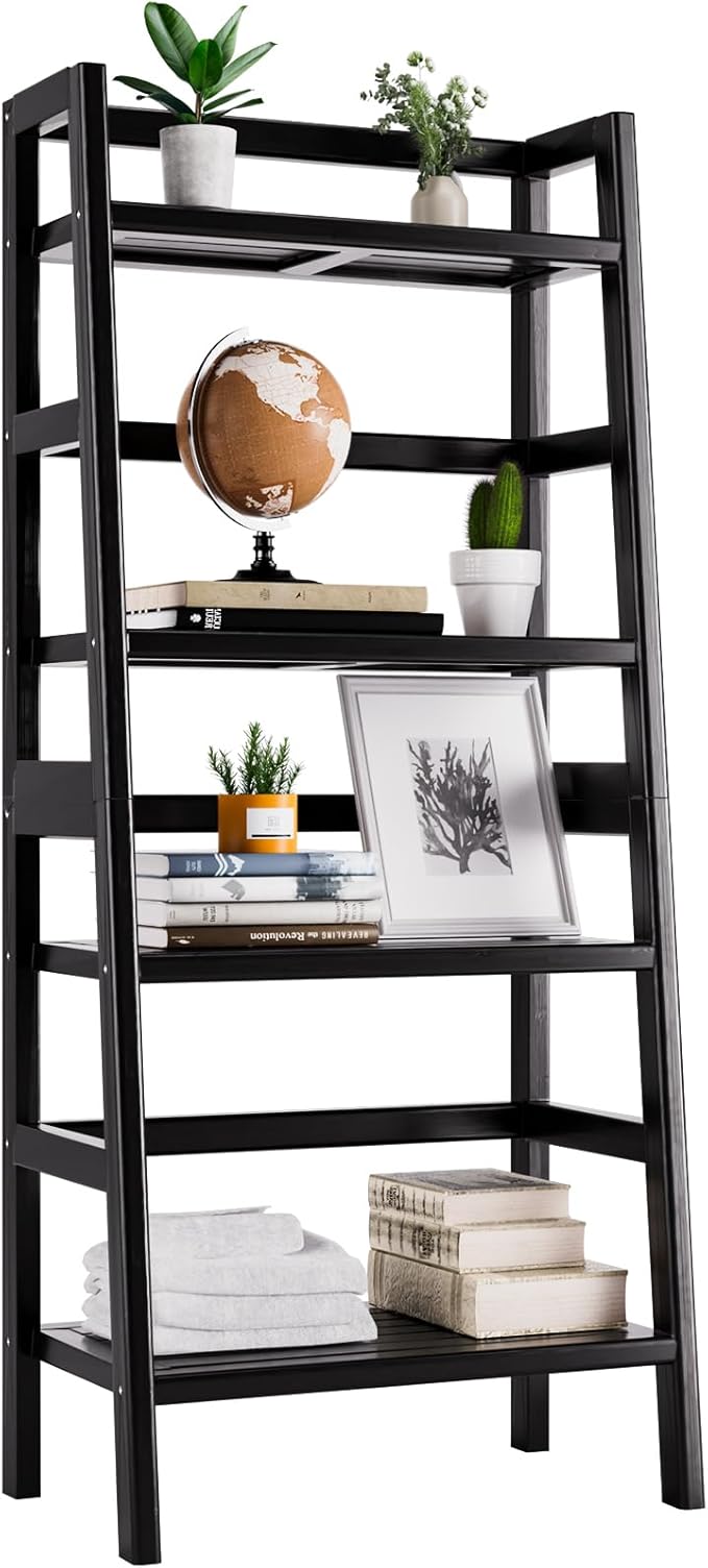 Ladder Shelf, 4-Tier Bookshelf, Bamboo Leaning Bookcase, Display Storage Rack Organizer, Freestanding Flower Plant Stand for Living Room, Home Office, Kitchen, Natural