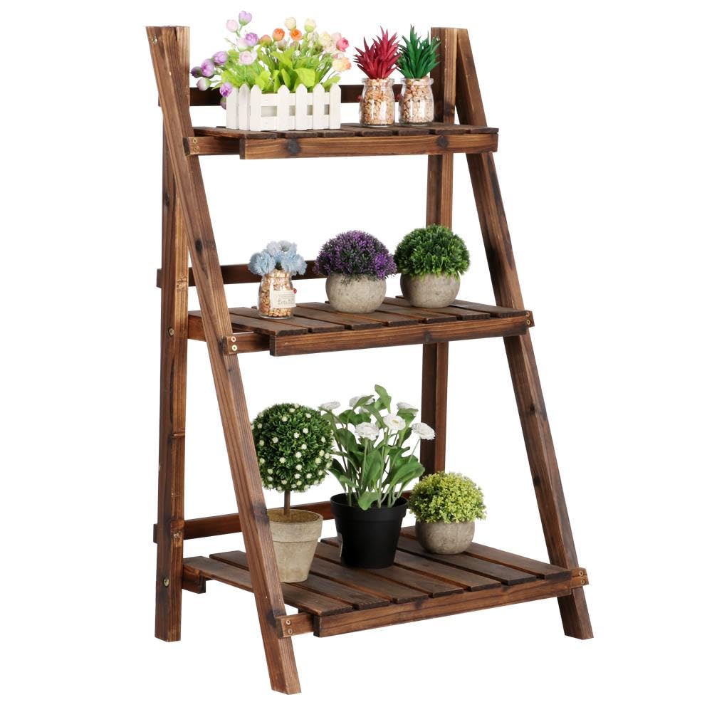 Folding Plant Stand Wooden Foldable Plant Shelf 3-Tier Flower Pot Stand Plants