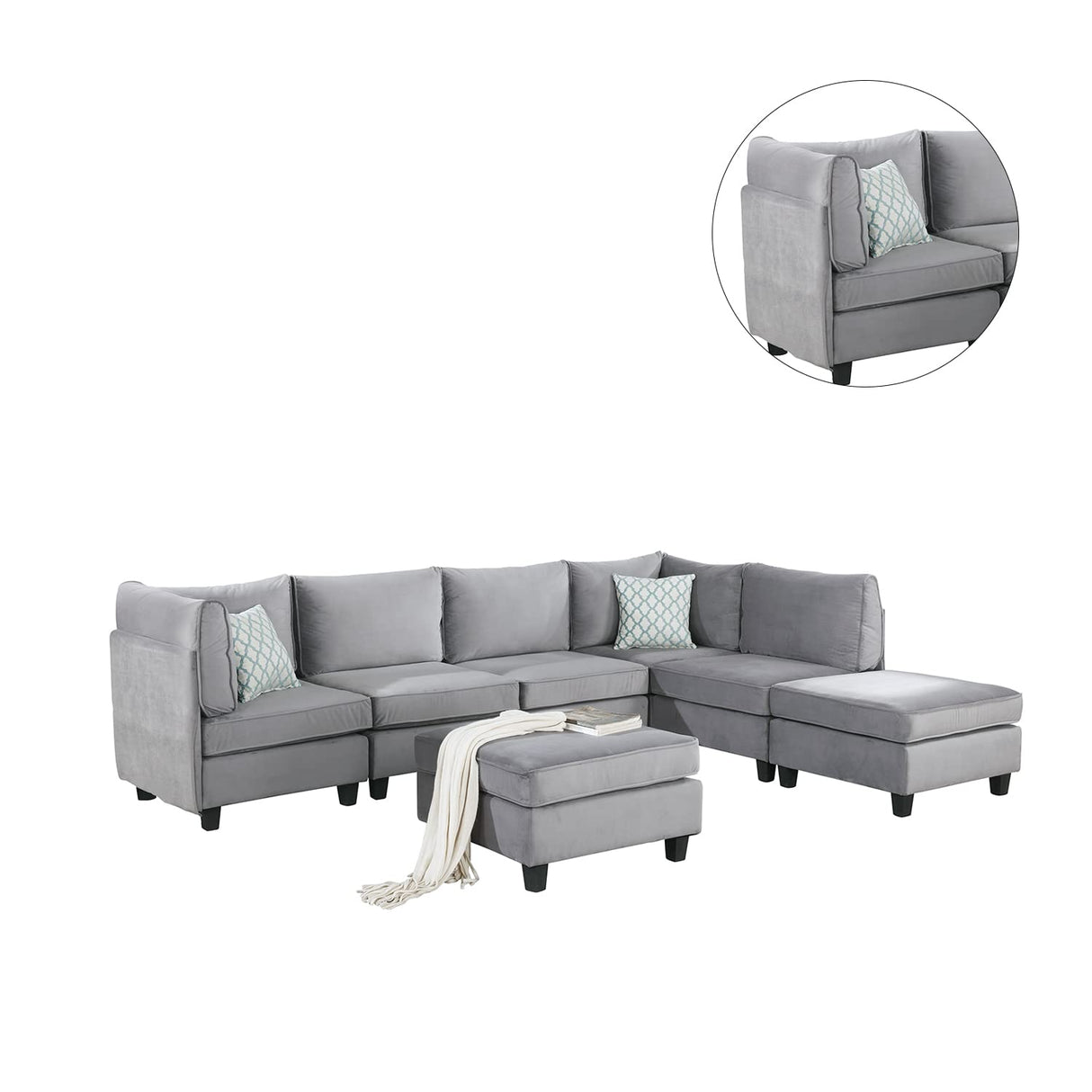 7 Piece Velvet Modular Sectional Sofa with Ottoman, Grey