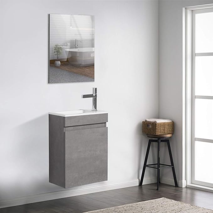 16" Floating Bathroom Vanity Set with Mirror, Wood Modern Design Wall Mounted