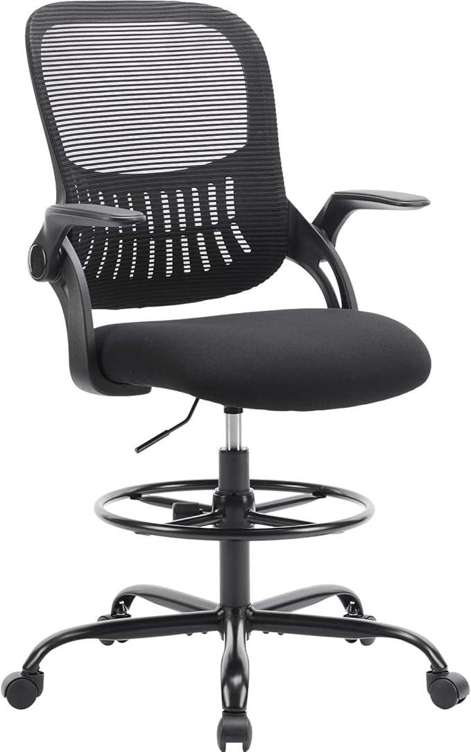 Chair with Footrest, Mesh Computer Chair Adjustable Height with Lumbar Support Swivel Task Chair for Adults, Grey, Flip-up Armrest