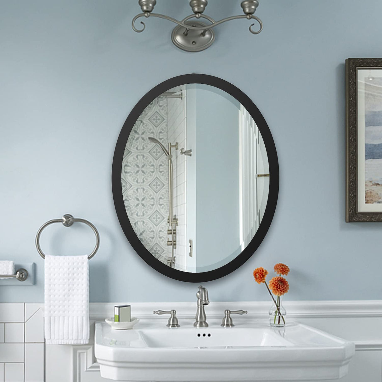 Oval Wall Mirror 23x29 Inch Matte Black Metal Frame