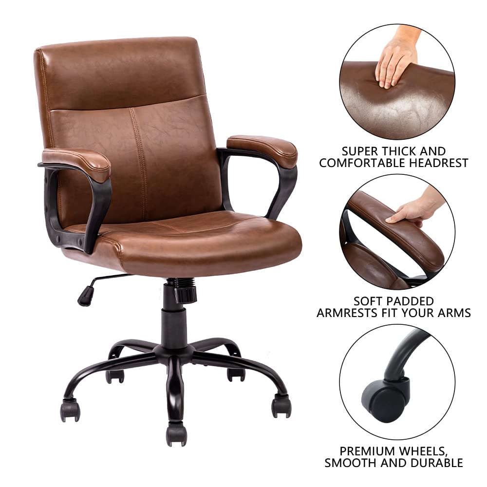 Brown Leather Ergonomic Office Chair - Mid Back with Armrests