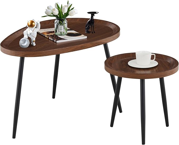 Round Coffee Table Set of 2, Nesting Walnut Coffee Table with Metal Legs