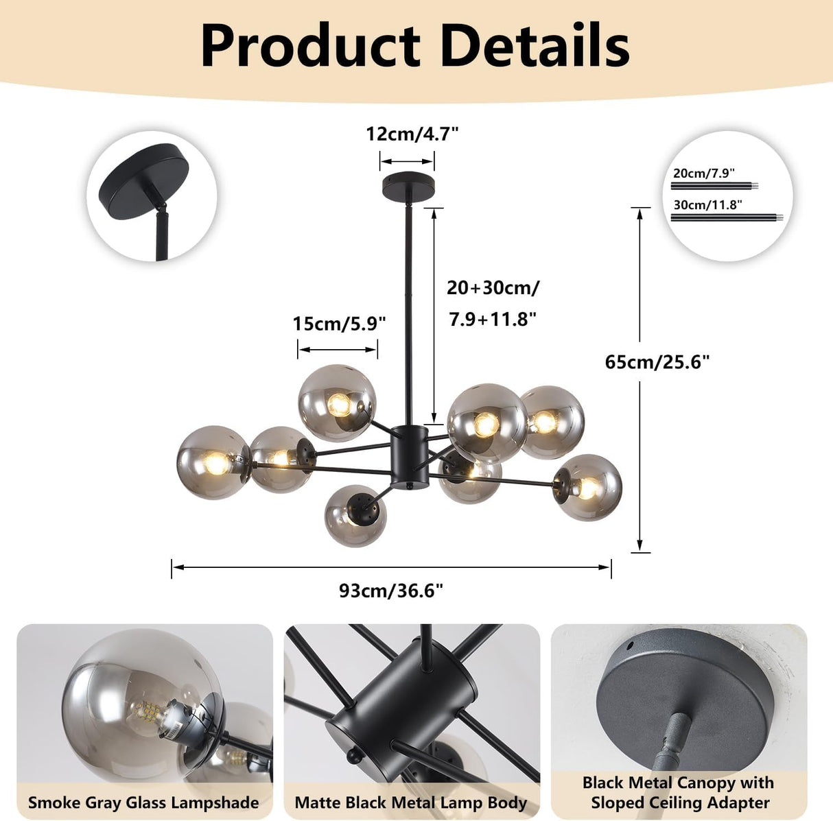 BOKT Mid Century Modern Matte Black Chandelier 8-Lights Globe Glass Ball Chandelier Flush Mount Ceiling Light Industrial Vintage Farmhouse Kitchen Island Pendant Lighting Fixture