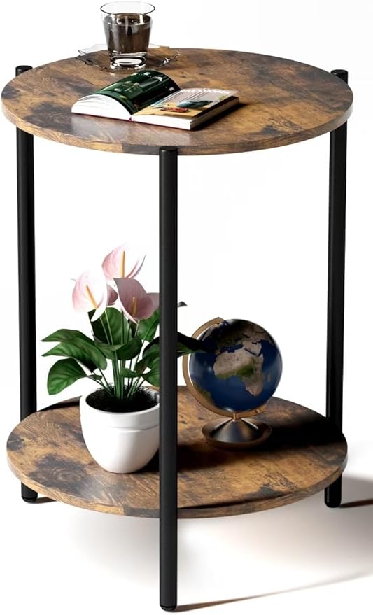 Round Coffee Table, 2-Tier 32.9" Circle Coffee Tables with Storage Wood Rustic