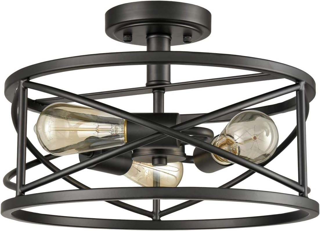 Farmhouse Semi Flush Mount Ceiling Light Fixture Black Rustic Metal Caged Ceiling