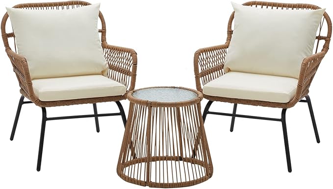 3-Piece Patio Conversation Bistro Set, Outdoor All-Weather Wicker Balcony Furniture