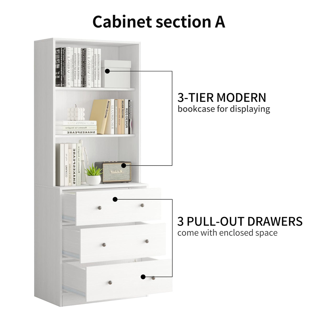 Bookshelf Bookcase, 3-Tier Modern Bookshelves 3 Large Drawer, Wood Filing Cabinet with Open Storage Shelf, Glass Doors 5-Tier Fixed Storage Shelves for Home Office
