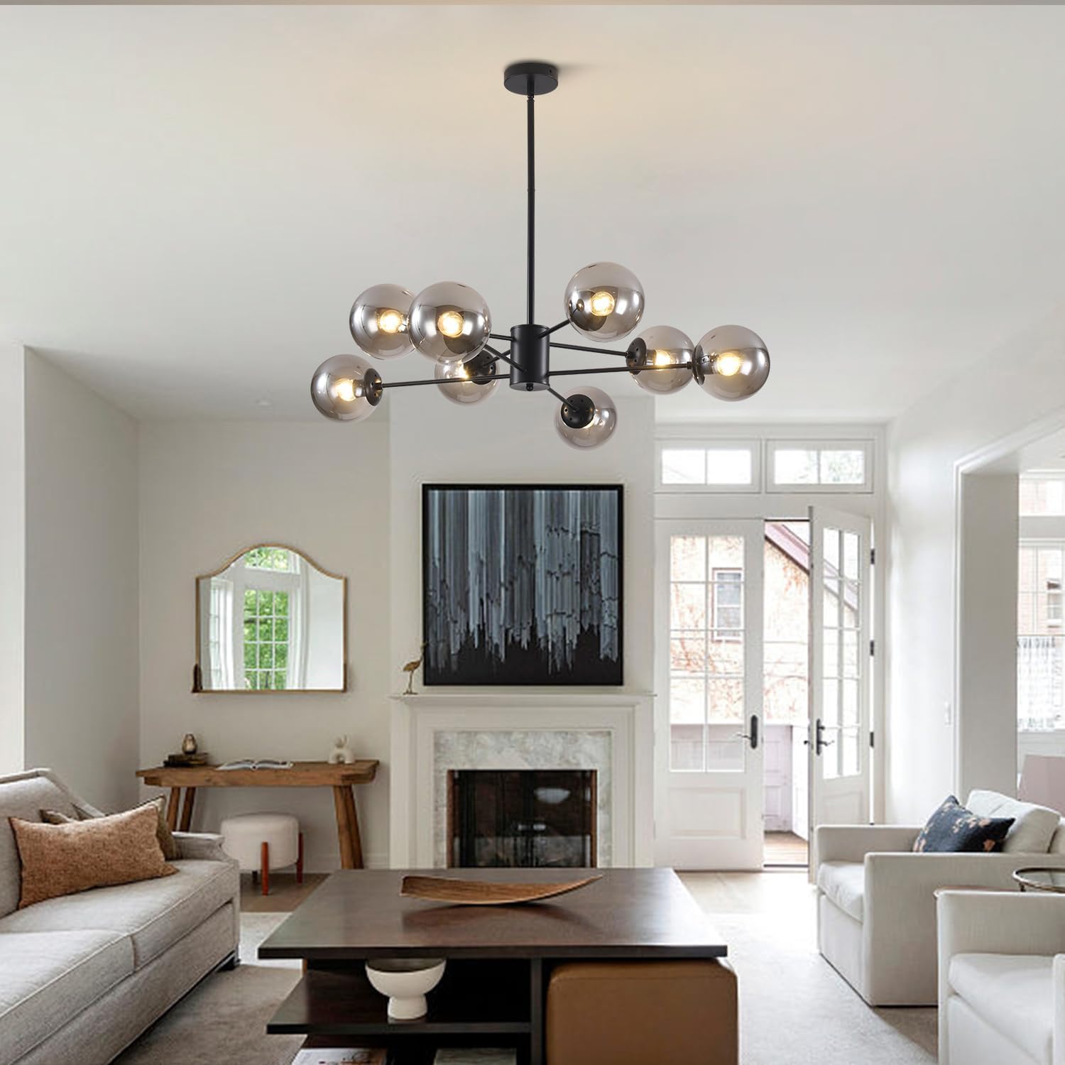 BOKT Mid Century Modern Matte Black Chandelier 8-Lights Globe Glass Ball Chandelier Flush Mount Ceiling Light Industrial Vintage Farmhouse Kitchen Island Pendant Lighting Fixture