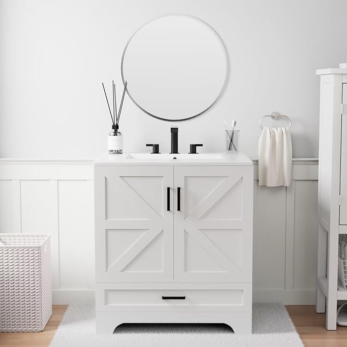 30" Farmhouse Bathroom Vanity with Ceramic Sink, Floor Standing Single Basin Vanity Set